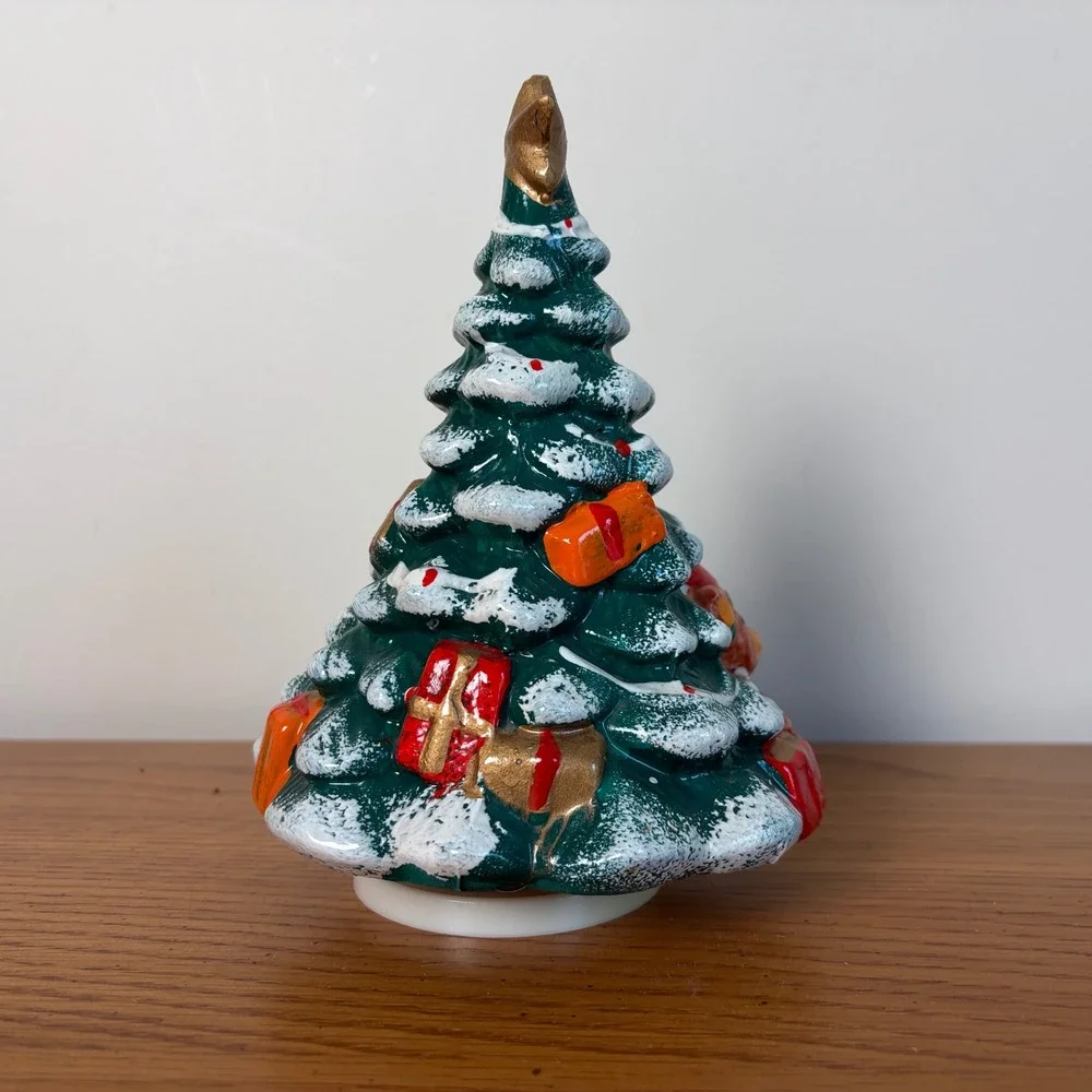 Vintage Hand Painted Ceramic Musical Christmas Tree Jingle Bells Teddy Bear